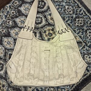 Cromia Cream Leather Shoulder Bag with Woven Paneling